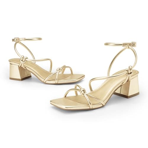 Athlefit Gold Heels Sexy Women Strappy Heels with Square Toe Low Chunky Block Heels Sandals Comfortable Summer Party Shoes for Dancing Wedding Prom Work 9 - Thumbnail 5