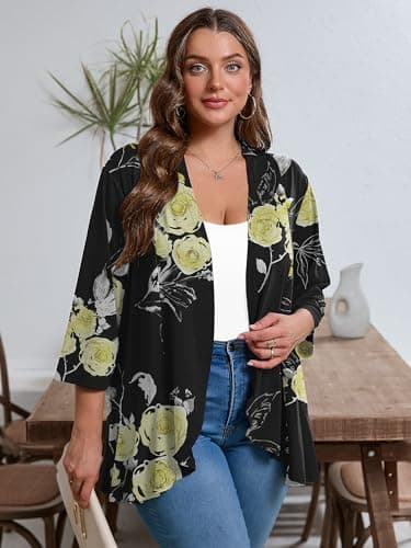 AusLook Women's Plus Size 3/4 Sleeve Lightweight Open Front Cardigan Black Golden Floral 2X Draped Ruffles Causal Cover Ups Shrugs Tops Shawls and Wraps Kimono Jacket Coat - Thumbnail 6
