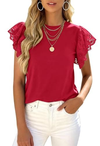 PRETTYGARDEN Women's Tops for Spring Fashion Flutter Sleeve Crew Neck Basic Tees for Women Casual Summer Maternity Clothes (Red, XX-Large) - Image 1