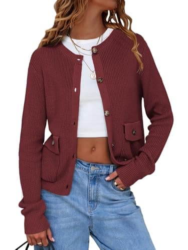EXLURA Womens 2025 Knit Cardigan Sweaters Spring Fall Crewneck Open Front Button Jacket Fashion Outerwear Coats with Pockets Dark Red - Image 1