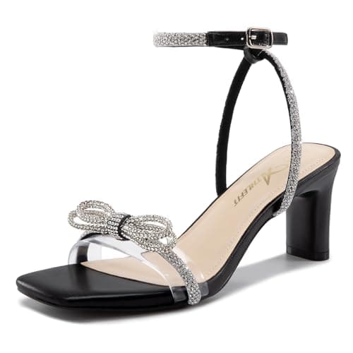 Athlefit Black Rhinestone Bow Heels for Women Open Square Toe Low Heels Ankle Strap Dressy Block Heeled Sandals Size 8.5 - Image 1
