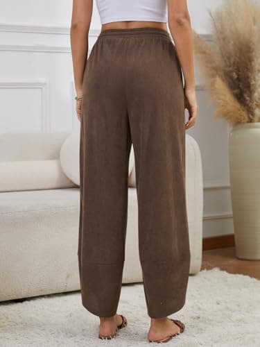 grewley Corduroy Pants for Women Casual Wide Leg Pants Womens Brown Trousers Baggy Drawstring Fall Pants Brown M - Thumbnail 4