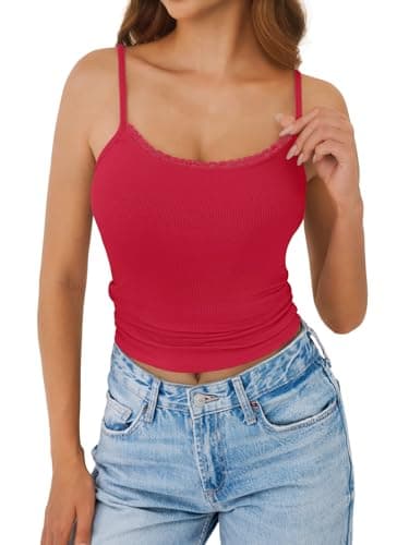 GKBK Sleeveless Camisole Tank Tops for Women Y2K Spaghetti Strap Lace Scoop Neck Slim Fit Basic Cami Shirts Going Out Beach Vacation Summer Top Red S - Thumbnail 3