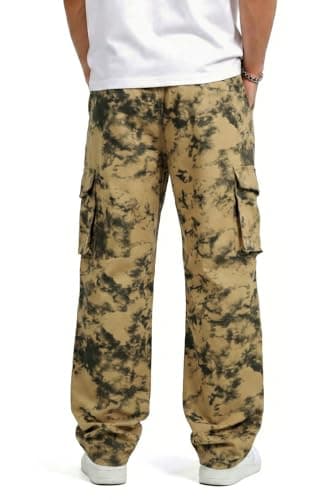 GINGTTO Baggy Cargo Pants Men Brown Camo Wide Leg Fashion Y2K Loose Fit Streetwear Drawstring Stretch 32 - Thumbnail 4
