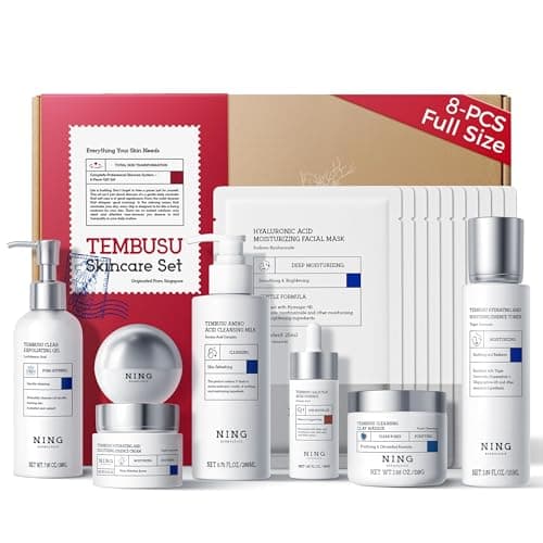 NING DERMOLOGIE Skin Care Set: 8-Step Tembusu Essence Skincare Kit, Cleansing Hydrating Moisturizing Anti-Aging Gift Sets for Women – Complete Daily Routine for Sensitive, Dry, Oily & Aging Skin