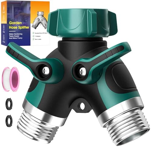 2 Way Garden Hose Splitter with Shut Off Valve,Water Spigot Splitter for 3/4" Hose Connector,Heavy Duty Metal Outdoor Faucet Splitter Y Connector for Garden Hose,with 3 Leakproof Washers & 1 tape - Image 1