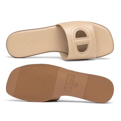 Athlefit Flat Sandals for Women Nude Square Open Toe Comfortable Slip On Beach Summer Slide Sandals Size 6 - Thumbnail 5