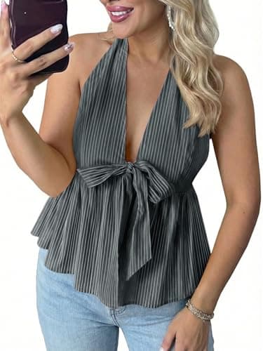 Tankaneo Womens Striped V Neck Halter Tops Babydoll Summer Bow Tie Front Backless Shirts Peplum Y2k Going Out Tank Tops Black - Image 1