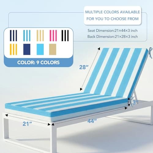 L'AGRATY Outdoor Lounge Chaise Cushion: 72x21x3 Inch Waterproof Lounge Chair Cushion for Outdoor Furniture with Fade Resistant Removable Cover - Patio Cushions for Pool Lawn Deck(Blue White 2Pcs) - Thumbnail 2