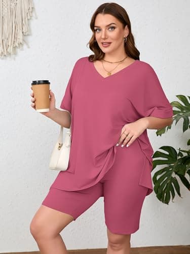 AusLook Women's Plus size 2 Piece Short Outfits Set Short Sleeve Tops and Shorts Pants Purple Red 2X Casual Comfy Soft Ladies Short Sleepwear Lounge Pajama Matching Set - Thumbnail 3