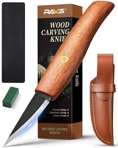 RAVS Wood Carving Sloyd Knife with Leather Strop & Polishing Compound, High Carbon Steel Whittling Knife with Leather Sheath, Chip Wood Carving Tools with Ergonomic Handle for Beginners &Professionals