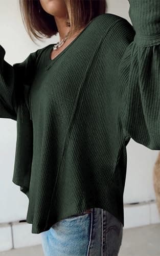 BTFBM Womens Fall Fashion 2026 Long Sleeve Shirts Casual V Neck Ribbed Knit Blouses Pullover Trendy Loose Fit Tunic Tops(Solid Dark Army Green, Small) - Thumbnail 5
