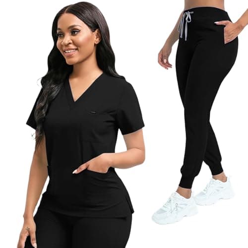 YEZEX Scrubs for Women Set, Stretch V-Neck Top & Jogger Scrub Pants, Black