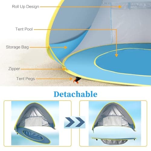 Baby Beach Tent with Pool, Pop Up Beach Tent Sun Shade for Infant Toddlers, Portable UV Protection Shade with Carry Bag for Outdoor Travel, Camping - Thumbnail 2