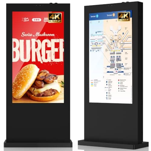 65 Inch 4K Outdoor Digital Signage, IP66 5000 Nits Auto-Brightness Adjustment Floor Standing Kiosk, CMS/WiFi/HDMI/USB Input, Multifunctional Advertising Display for Business Advertisement