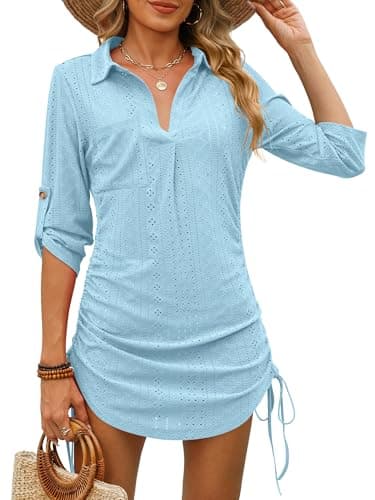 ANRABESS Womens Bathing Suit Cover Ups Swimsuit Beach Coverup Hollow Out Swimwear 2026 Summer Outfits Bikini Dress Shirt Sky Blue X-Large - Image 1
