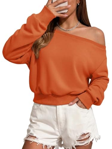 ATHMILE Womens Orange Off the Shoulder Sweatshirt Crop Top Long Sleeve Pullover Comfy Sexy Y2K Casual Fall Outfits 2026