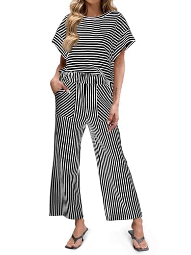 Tankaneo Womens Striped 2 Piece Sets Short Sleeve T Shirts Wide Leg Pants Matching Lounge Set with Pockets - Image 1