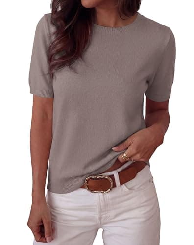 BTFBM Women's Short Sleeve Sweaters 2026 Summer Crew Neck Knit Work Shirts Business Casual Tops Basic Fall Fashion Clothing(Apricot Khaki, Medium) - Thumbnail 2