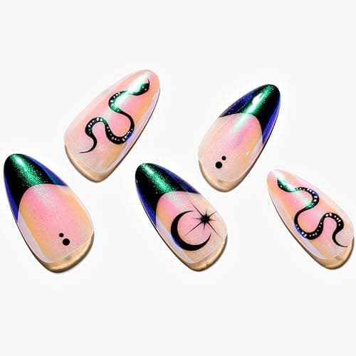 GLAMERMAID Chrome Gothic Snake French Tip Press on Nails Medium Almond, Halloween Glazed Gel Glue on Nail, Short Stiletto Reusable UV Finish Fake Nail, Acrylic Oval False Nails Manicure Kits for Women