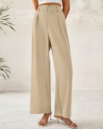 BTFBM Women Wide Leg Dress Pants 2026 High Waisted Button Pleated Business Casual Trousers Office Work Palazzo Pants(Light Khaki, XX-Large) - Thumbnail 5