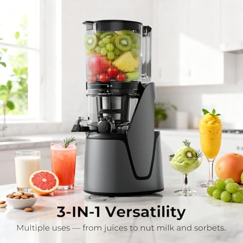EanOruus Juicer Machines, 3-in-1 Cold Press Juicer with 6.5" Extra Large Chute, 100oz Large Capacity, AC Motor, Makes Juice, Nut Milk & Sorbet, Premium Gray - Thumbnail 2