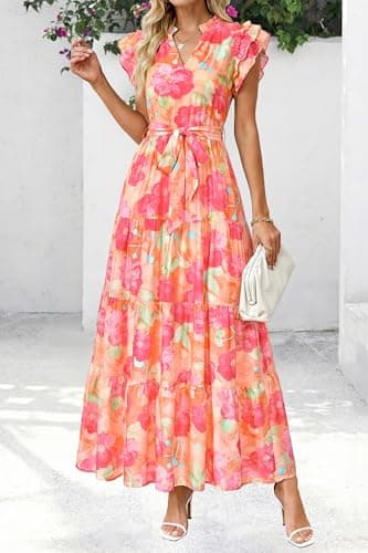 dowerme Women Summer Maxi Dresses 2026 Ruffle Sleeve V Neck Floral Boho Long Dress Belted Tiered Sundress with Pockets(Orange Red Big Floral,X-Large) - Thumbnail 6