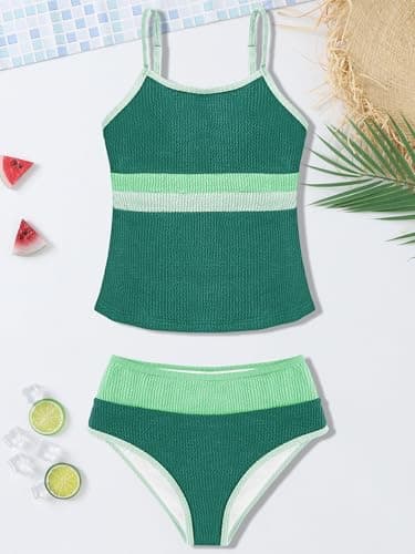 AMAWMW Girls' Swimsuit Color Block Tankini Set Adjustable Strap Two Piece Bathing Suit for Teens Size 7-16Y, Green, 13-14Y - Thumbnail 6