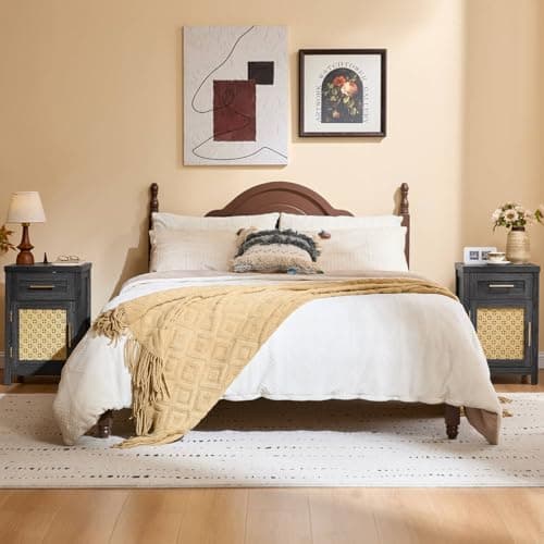 YUFAM Small Nightstand Set of 2 - Boho Rattan Night Stand with Type-C Charging Station for Bedroom, Nightstands w/Drawer for Small Space, Wood Bedside Table w/Adjustable Storage Shelf, Dark Grey - Thumbnail 3