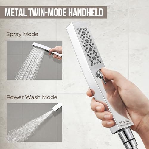G-Promise All Metal 12 Inches Rain Shower Head with Handheld Spray Combo Build-in Power Wash Mode, Ideal for Modern Bathroom Upgrade (1.8 GPM) - Thumbnail 6