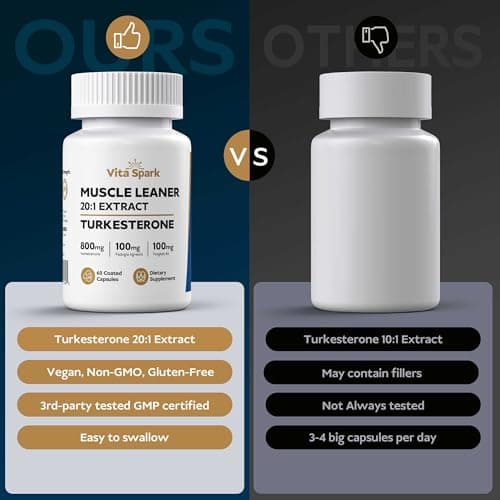 Vita Spark Turkesterone Muscle Leaner - 20:1 Extract 16,000mg with Tongkat Ali & Fadogia Agrestis, High Potency Men's Supplement for Performance, Energy, Vitality, Stamina & Strength | 60 Capsules - Thumbnail 5