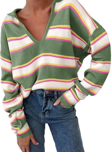 EVALESS Womens Sweaters Lapel V Neck Trendy Long Sleeve Tops Fashion Color Block Striped Henley Shirts Winter 2025 Oversized Fall Tunic Spring Clothes XL Yellow - Image 1