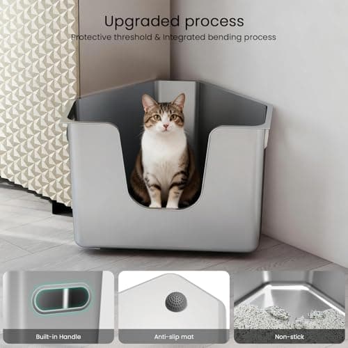 Stainless Steel Corner Cat Litter Box, Metal Litter Box with High Sided, One-piece Corner Cat Toilet, No Assembly Required, Non-Stick, No Odor Kitten Litter Pan, Easy to Clean, for Small Medium Cats - Thumbnail 6