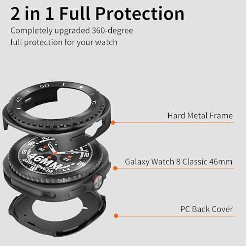 SDOCEBF Rotating Metal Bezel Case for Samsung Galaxy Watch 8 Classic 46mm, Luxury Metal Frame with Back Cover, Slim Shockproof Protective Bumper Cover, Black/White - Thumbnail 3