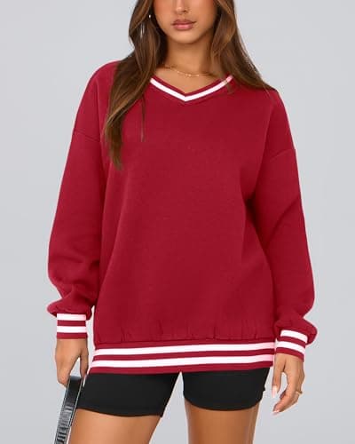 PRETTYGARDEN Women's Oversized Sweatshirts Casual Long Sleeve Stripes Knit V Neck Pullover Top Spring Preppy Clothes(Red,XX-Large) - Thumbnail 4
