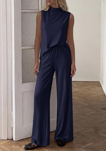 BTFBM 2 Piece Outfits For Women Airport Travel Summer 2026 Loose Mock Neck Sleeveless Wide Leg Pants Workout Lounge Sets(Navy Blue, X-Large) - Thumbnail 4