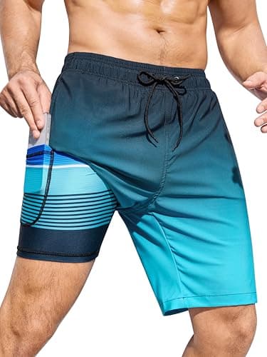 SILKWORLD Mens Swimming Trunks with Compression Liner 2 in 1 Quick-Dry Swim Shorts with Zipper Pockets, Gradient-Grey Blue, X-Large - Image 1