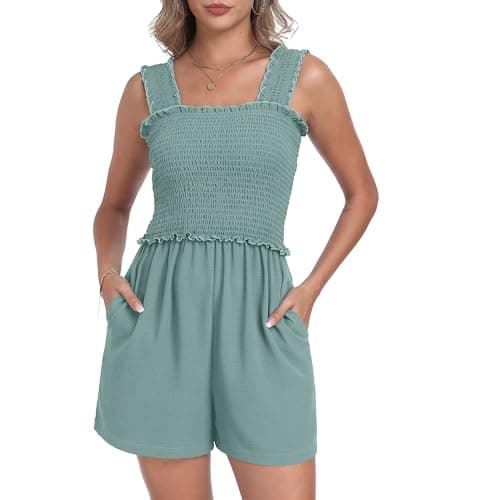 QIXING Women's Summer Casual Rompers Dressy Smocked Loose Comfy Short Jumpsuits Vacation Outfits With Pockets Aqua Sea-M - Image 1