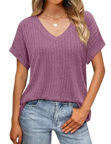 JUSTFASHIONNOW Summer Tops for Women 2026 V Neck Short Sleeve Mother's Day Shirts Trendy Basic Tees Dressy Casual Outfits Fuchsia L - Thumbnail 2