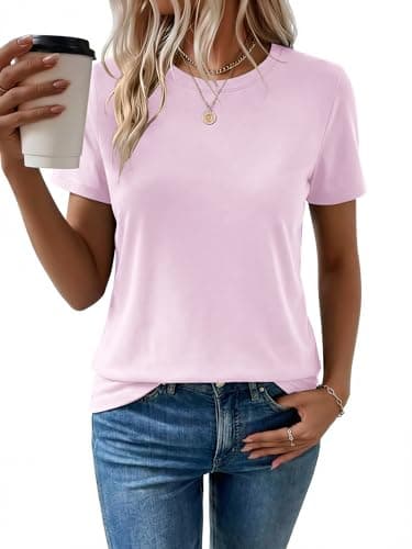 Women's T Shirt Cotton Short Sleeve T-Shirts Crewneck Basic Solid Color Tee Loose Fit Tshirts Breathable Comfy Summer Tops for Women 2026 Light Pink - Image 1
