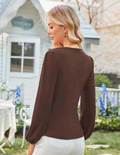 GRACE KARIN Long Sleeve Blouses for Women Dressy Casual, Wrap Tops Work Shirts, 2026 Spring Business Outfits Coffee L - Thumbnail 4