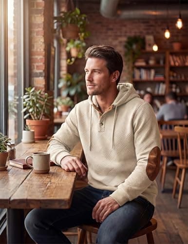 JMIERR Hoodies for men Casual Cotton Textured Long Sleeve Quarter Collar Drawstring Button Pullover Hooded Early Fall Fashion Sweatshirts, S, Beige - Thumbnail 4