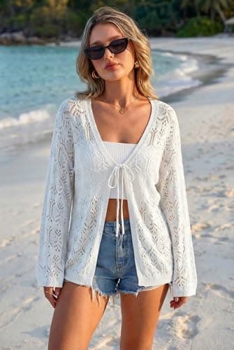 Arach&Cloz Women's Linen Blend Summer Crochet Cardigans Sweater Long Sleeve Lightweight Tie Open Front Lacey Knitted Sweater Boho Cover Up Beach Vacation Outfits Resort Wear Trendy 2026 White L - Thumbnail 4