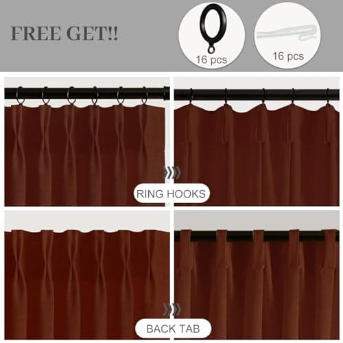 Pinch Pleated Linen Curtains 84 Inch Length 2 Panels Set, Light Filtering Linen Textured Sheer Drapes Memory Trained Pleated Curtain Back Tab for Bedroom Farmhouse with Hooks Rings, Chestnut Brown - Thumbnail 4