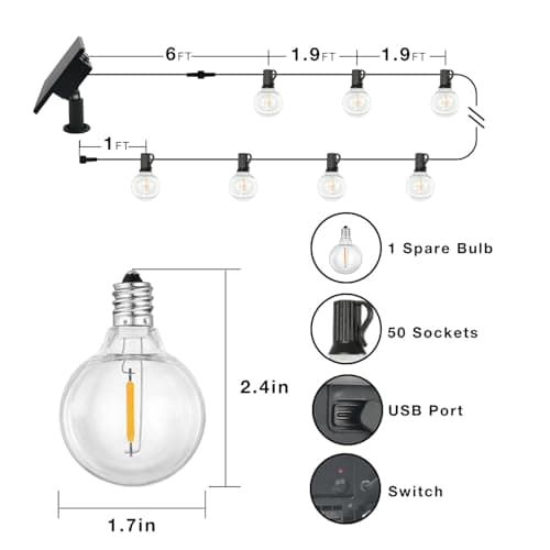 DAYBETTER 100FT Solar String Lights Outdoor Waterproof with Remote,50 LED Bulbs Dimmable&Timer,Patio Lights Solar Powered, Weather Resistant for Patio, Garden, Yard, Pathway - Thumbnail 5