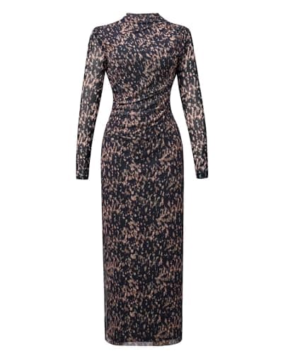 OctMoon Women’s Long Sleeve Maxi Dress High Neck Mesh Bodycon Dress with Splatter Print – Elegant Fall Italian Dress, Boho Evening Cocktail Party Dresses for Women(Navy)-S - Thumbnail 4