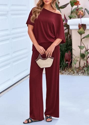 KIRUNDO Lounge Sets for Women Airport Travel Outfit 2026 Summer Off the Shoulder Tops Wide Leg Pants 2 Piece Matching Set(Burgundy, Large) - Thumbnail 5
