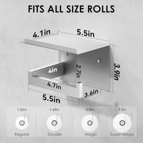 Auxmir Self Adhesive Toilet Paper Holder with Shelf, Premium SUS304 Stainless Steel Rustproof Wall Mounted Toilet Roll Holder, Toilet Tissue Holder for Bathroom Shower Washroom Kitchen RV, Silver - Thumbnail 2