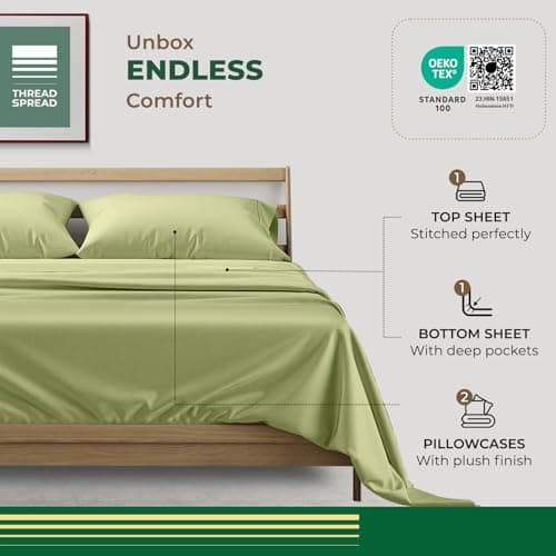 THREAD SPREAD 100% Organic Cotton Sheets King Size - 4 PC Organic Cotton King Percale Weave Sheet Set, Soft, Cooling, Crisp & Breathable, 16" Deep Pocket Hotel Quality Bedding Set - Sage Green - Thumbnail 3