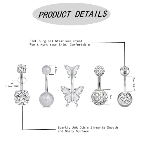 JBUJBU 5 Pcs Belly Button Rings Set - 14G Hypoallergenic Surgical Steel CZ Navel Piercing Jewelry, Silver Clicker Belly Rings for Women, Butterfly & Ball Design Belly Rings - Thumbnail 2